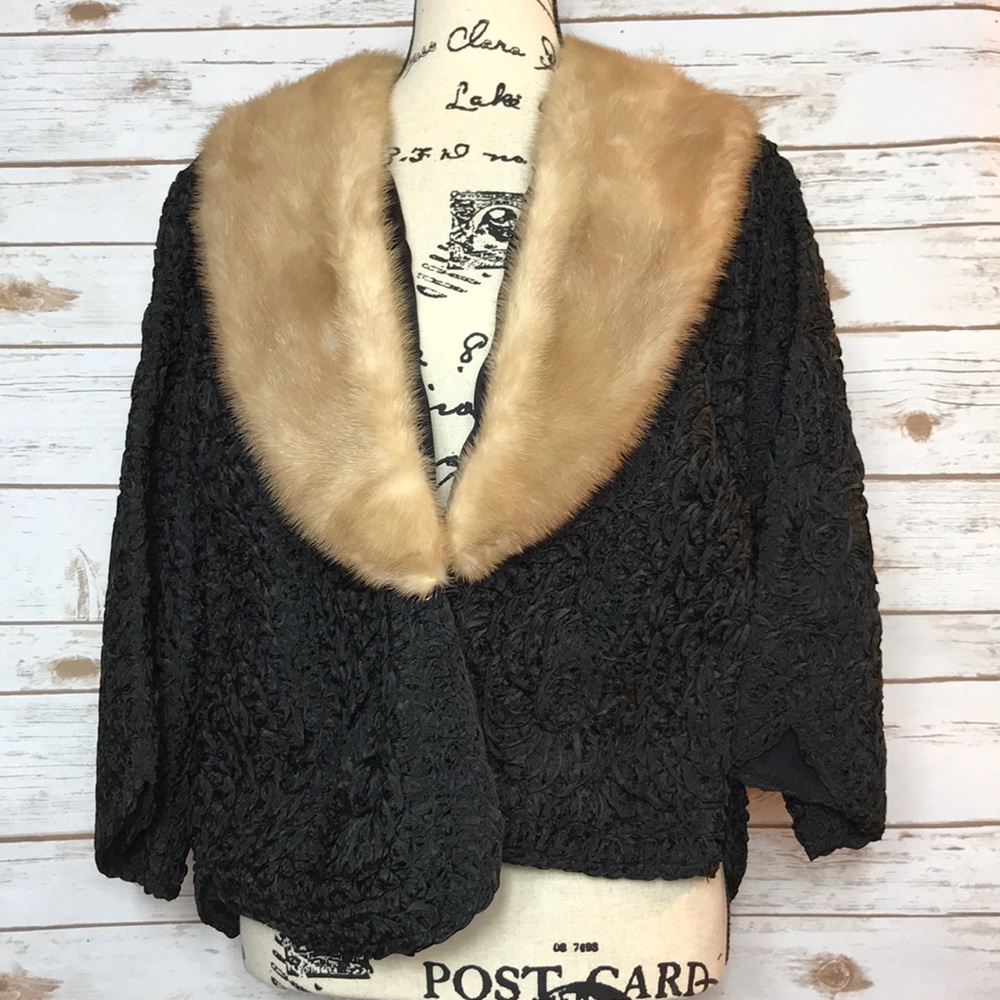 Vintage 1940s Black Dress Coat with Mink Collar